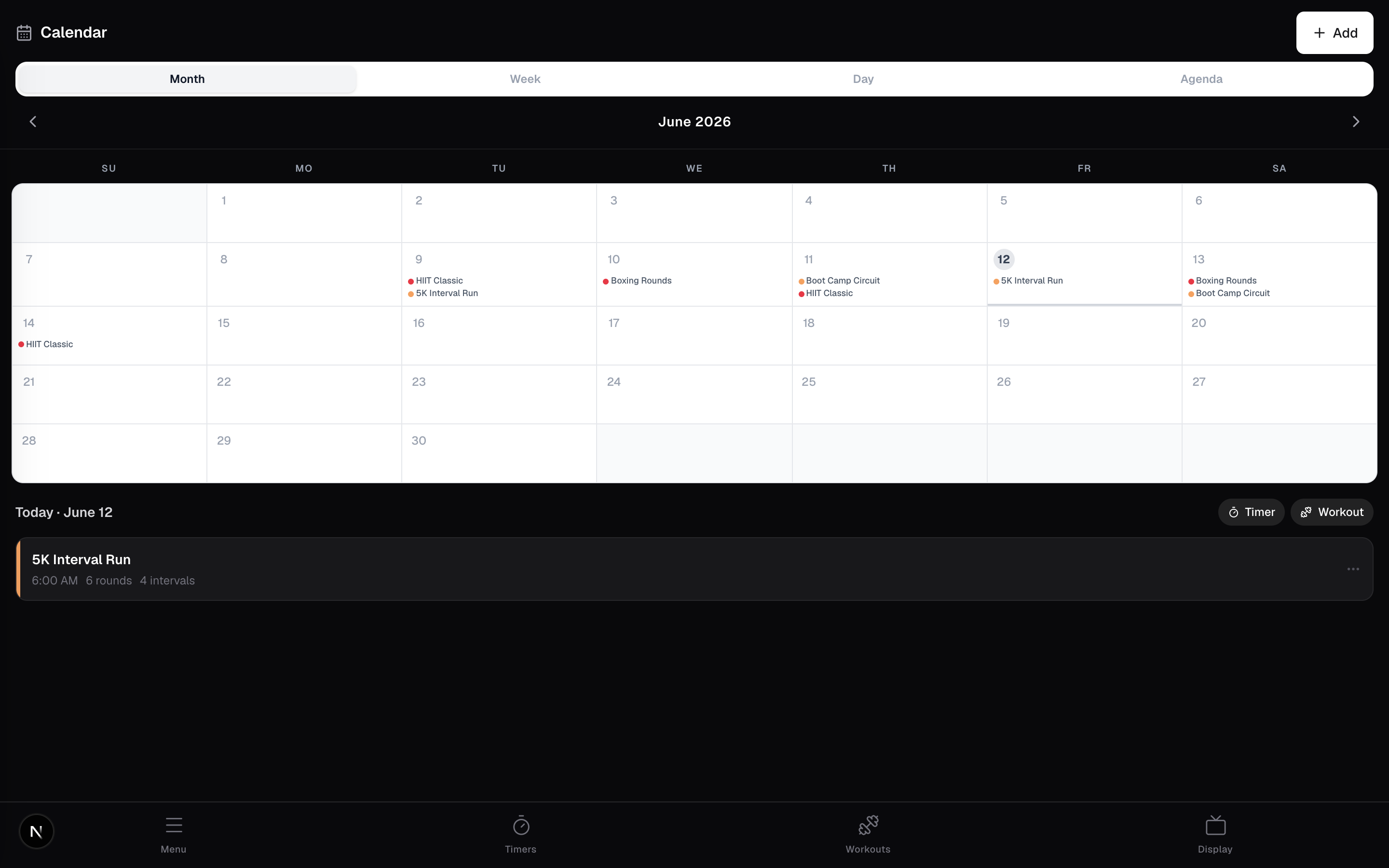 The Ntrval workout calendar showing a June month view with scheduled timers and workouts and a Today detail card.